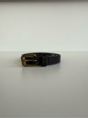 Sessùn Black Genuine Leather Slim Belt — Antique Brass Buckle, Size 80/32